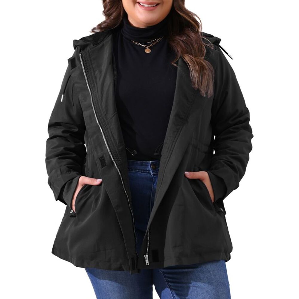 Plus Size Rain Waterproof Fleece Lined Hooded Windbreaker Coat Black